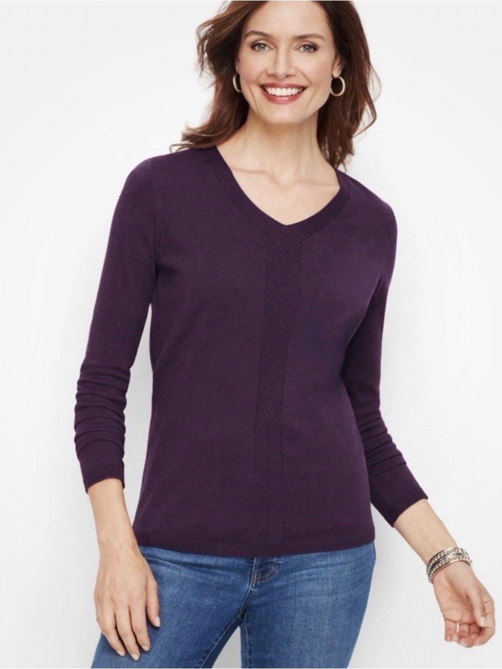 NWT Talbots Purple 100% Cotton V-Neck Knit Sweater Size Large